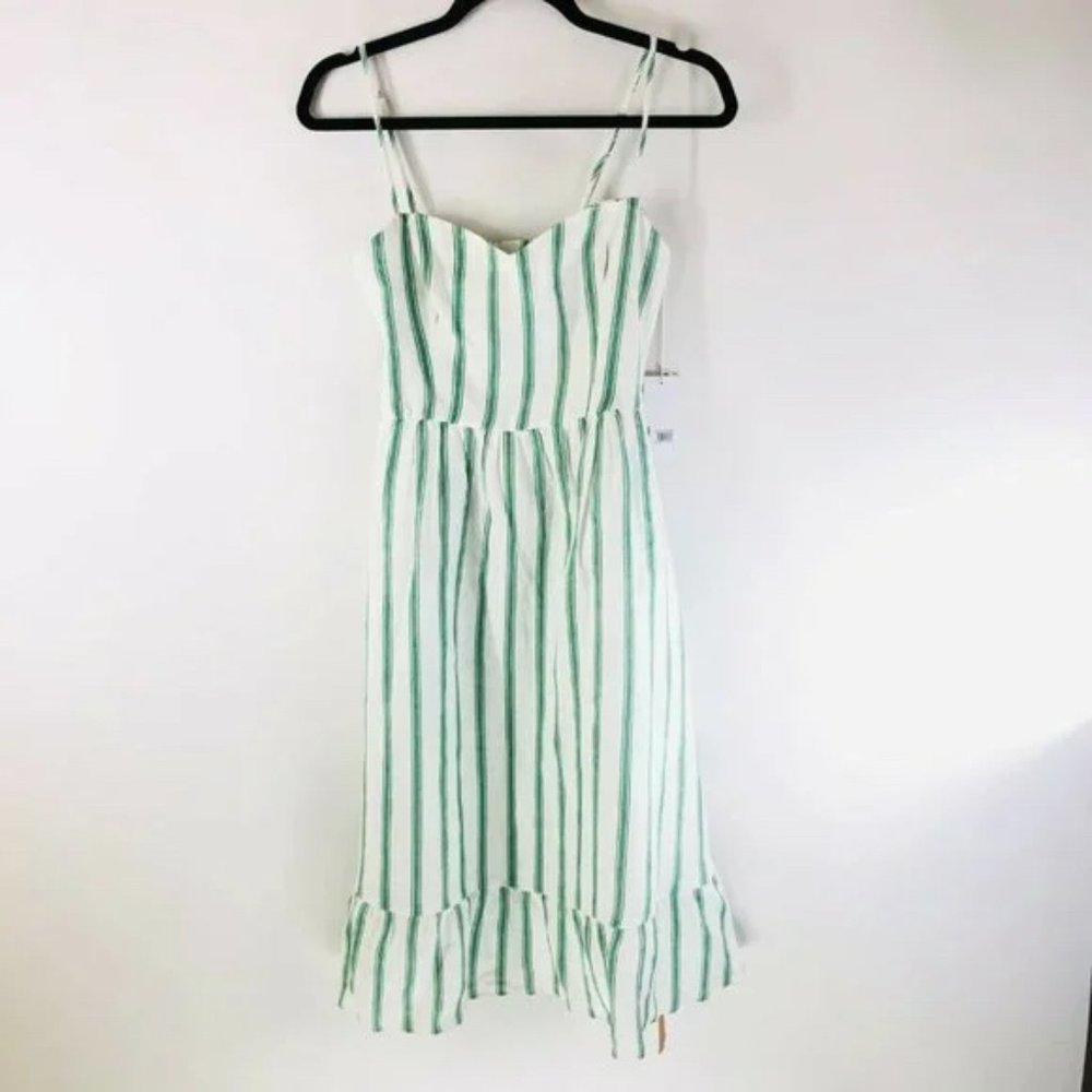 Reformation Eileen Dress A Line Linen Ruffle Pockets Striped Green White Size 0
